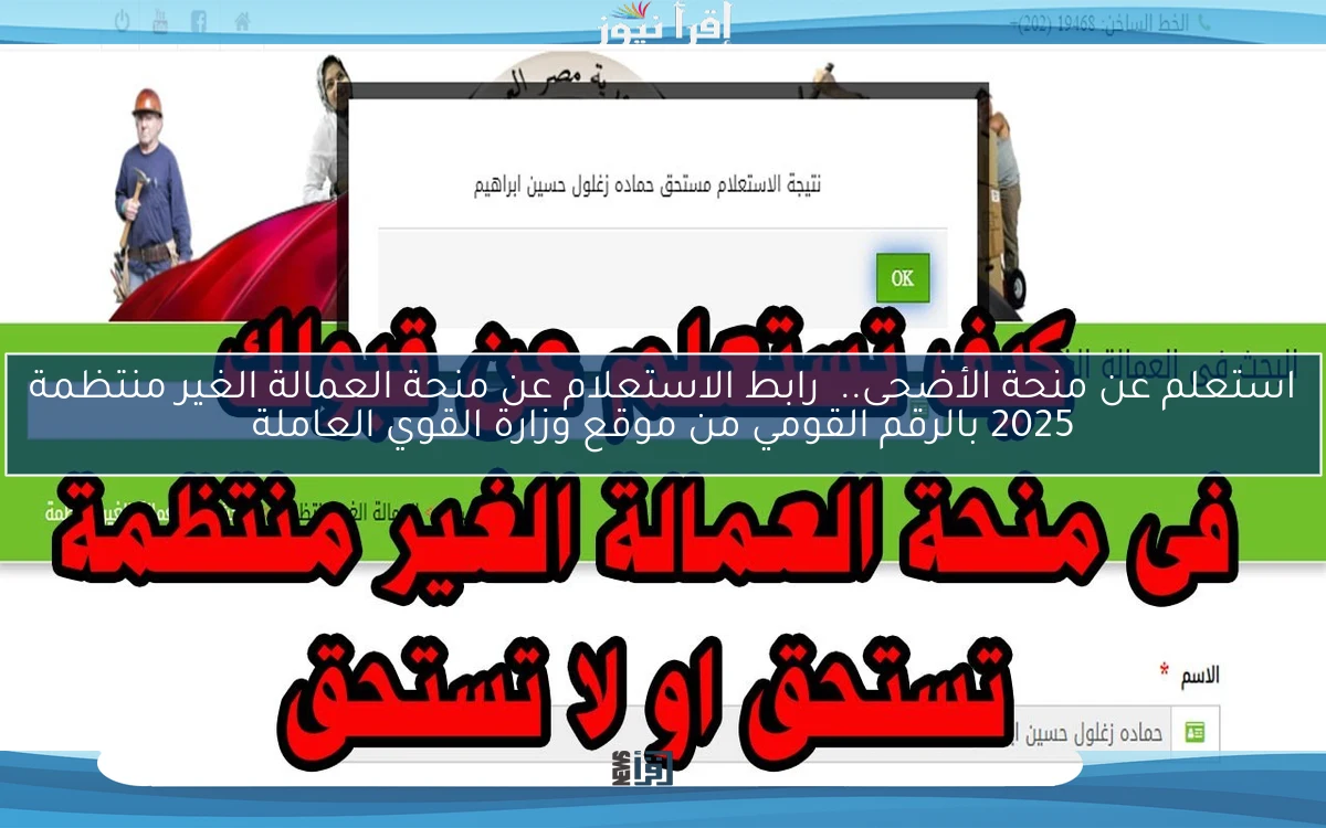 استعلم عن منحة الأضحى..  رابط الاستعلام عن منحة العمالة الغير منتظمة 2025 بالرقم القومي من موقع وزارة القوي العاملة