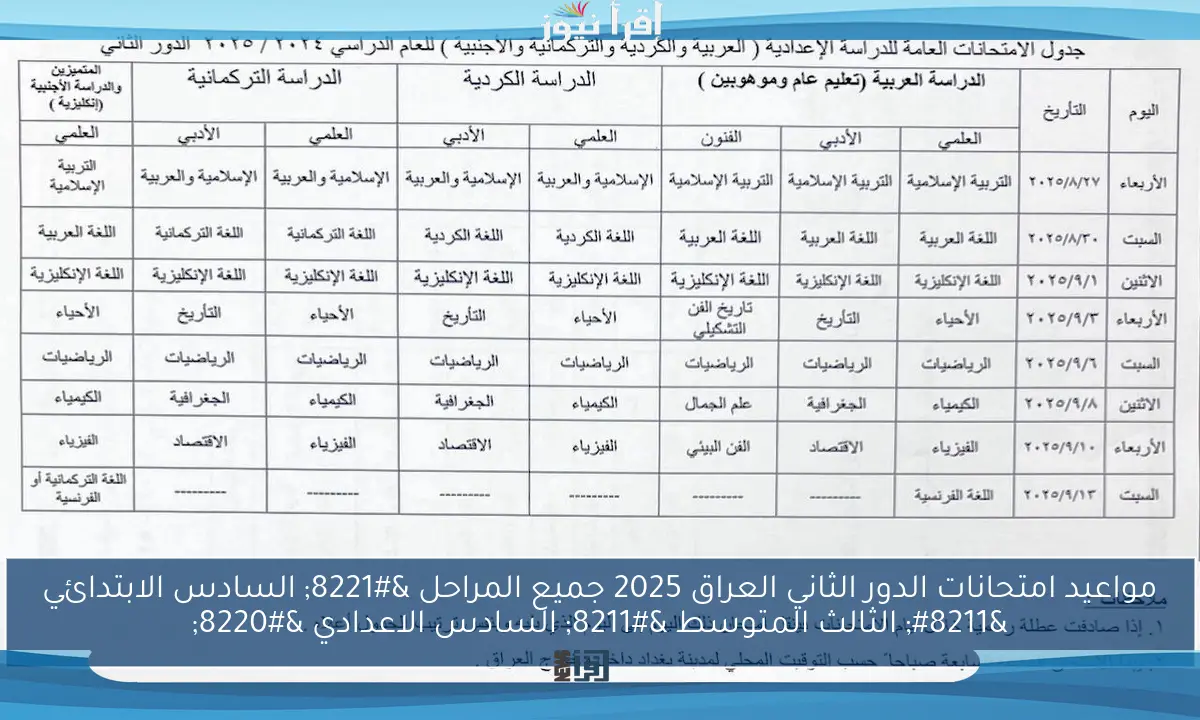 مواعيد امتحانات الدور الثاني العراق 2025 جميع المراحل ” السادس الابتدائي – الثالث المتوسط – السادس الاعدادي “