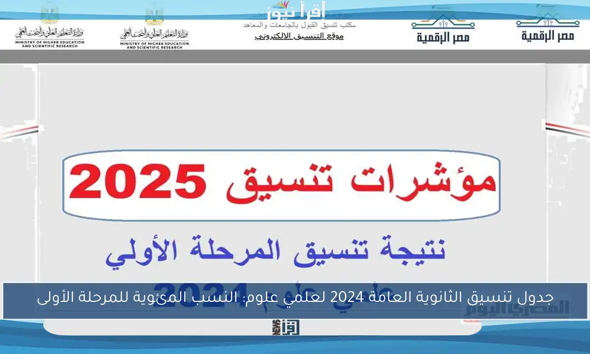 جدول تنسيق الثانوية العامة 2024 لعلمي علوم: النسب المئوية للمرحلة الأولى