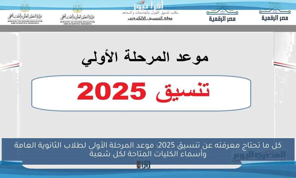 كل ما تحتاج معرفته عن تنسيق 2025: موعد المرحلة الأولى لطلاب الثانوية العامة وأسماء الكليات المتاحة لكل شعبة