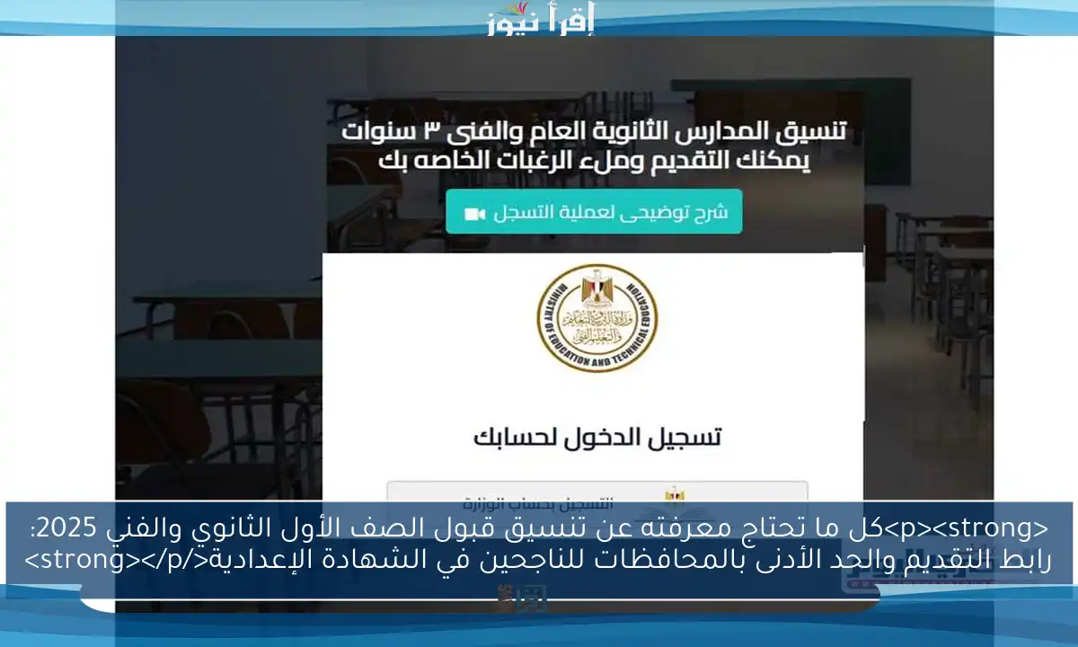 <p><strong>كل ما تحتاج معرفته عن تنسيق قبول الصف الأول الثانوي والفني 2025: رابط التقديم والحد الأدنى بالمحافظات للناجحين في الشهادة الإعدادية</strong></p>