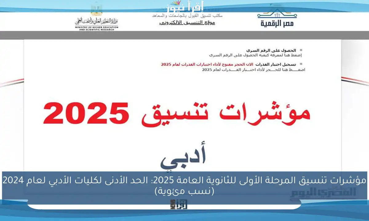 مؤشرات تنسيق المرحلة الأولى للثانوية العامة 2025: الحد الأدنى لكليات الأدبي لعام 2024 (نسب مئوية)