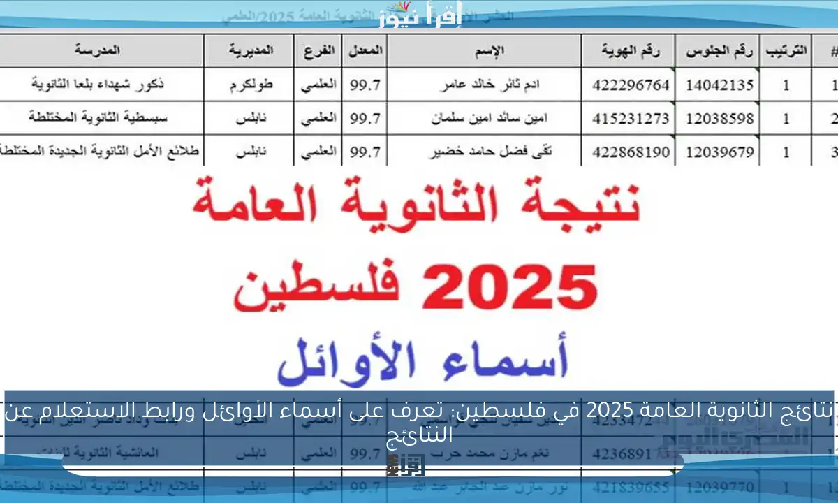 نتائج الثانوية العامة 2025 في فلسطين: تعرف على أسماء الأوائل ورابط الاستعلام عن النتائج