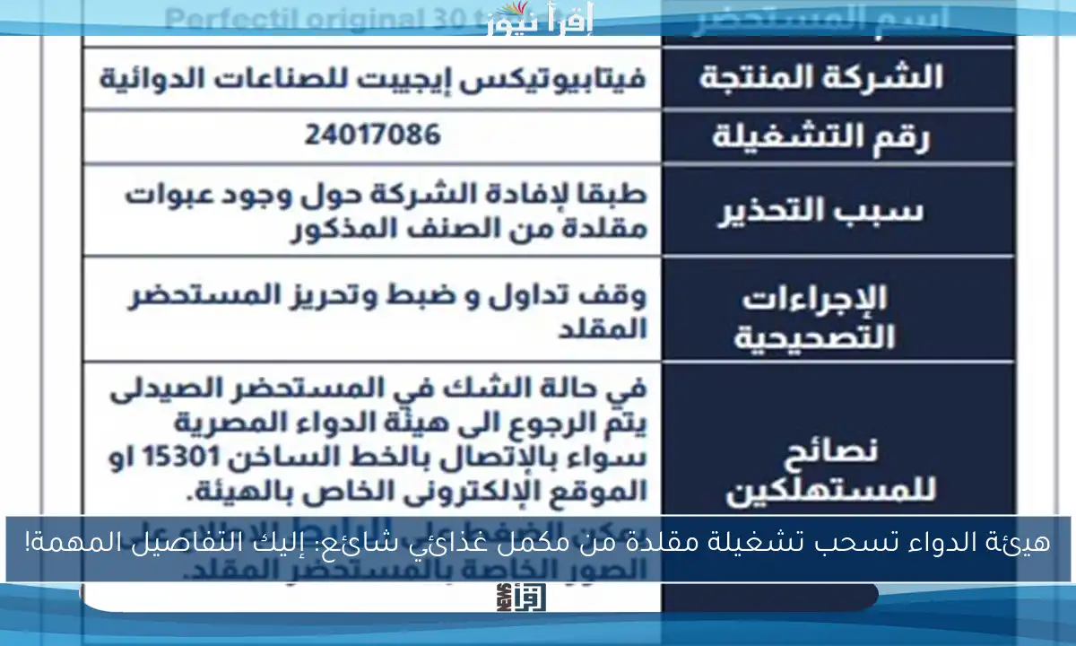 هيئة الدواء تسحب تشغيلة مقلدة من مكمل غذائي شائع: إليك التفاصيل المهمة!